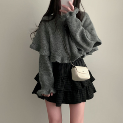 보온성 두배포근 보트넥 루즈핏 니트 케이프 숄 망토 세트 진그레이