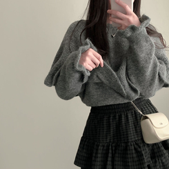 보온성 두배포근 보트넥 루즈핏 니트 케이프 숄 망토 세트 진그레이