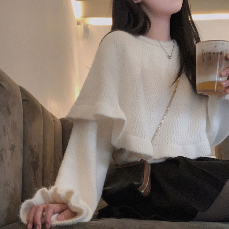 보온성 두배포근 보트넥 루즈핏 니트 케이프 숄 망토 세트 아이보리