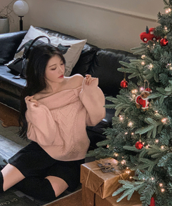 オフショルダーリボンケーブルニット PINK