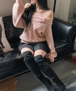 オフショルダーリボンケーブルニット PINK