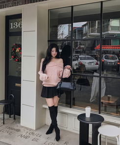 オフショルダーリボンケーブルニット PINK