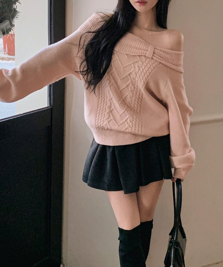 オフショルダーリボンケーブルニット PINK