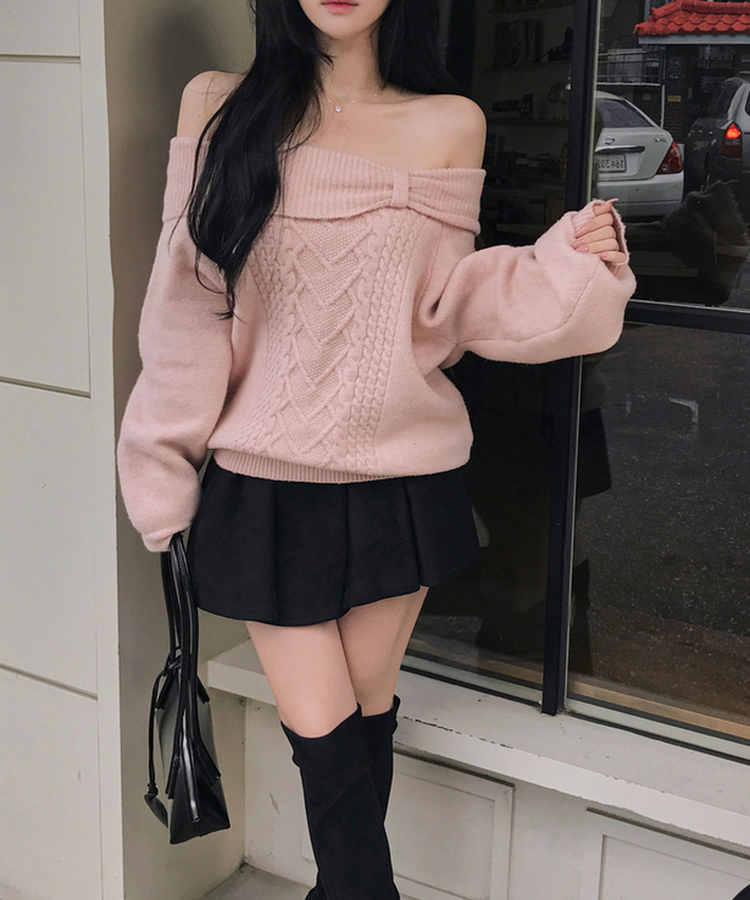 オフショルダーリボンケーブルニット PINK