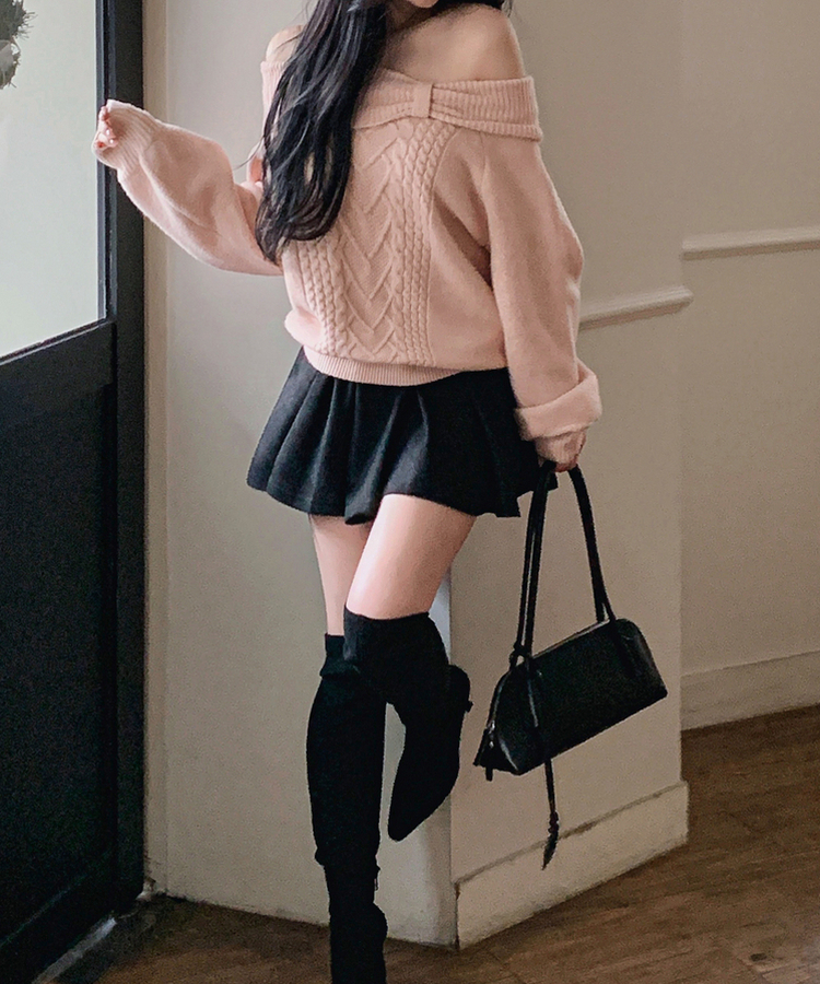 オフショルダーリボンケーブルニット PINK