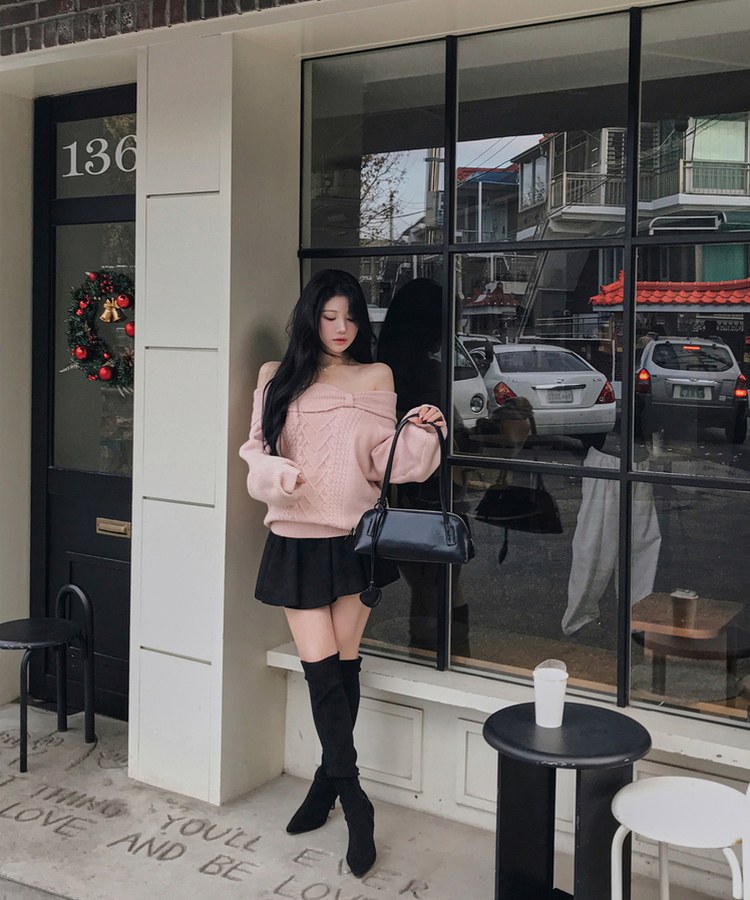 オフショルダーリボンケーブルニット PINK