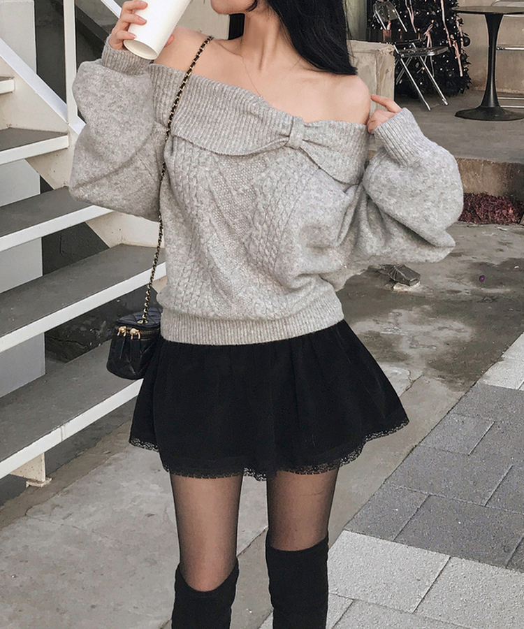 オフショルダーリボンケーブルニット GREY
