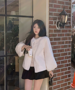 ノーカラースナップボタンミンクファージャケット IVORY