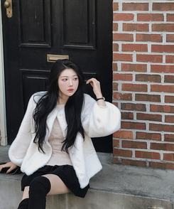 ノーカラースナップボタンミンクファージャケット IVORY