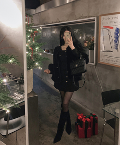 ノーカラースナップボタンミンクファージャケット BLACK