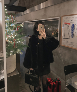 ノーカラースナップボタンミンクファージャケット BLACK