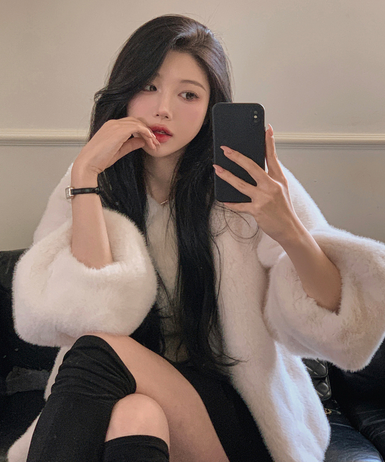 ノーカラースナップボタンミンクファージャケット IVORY