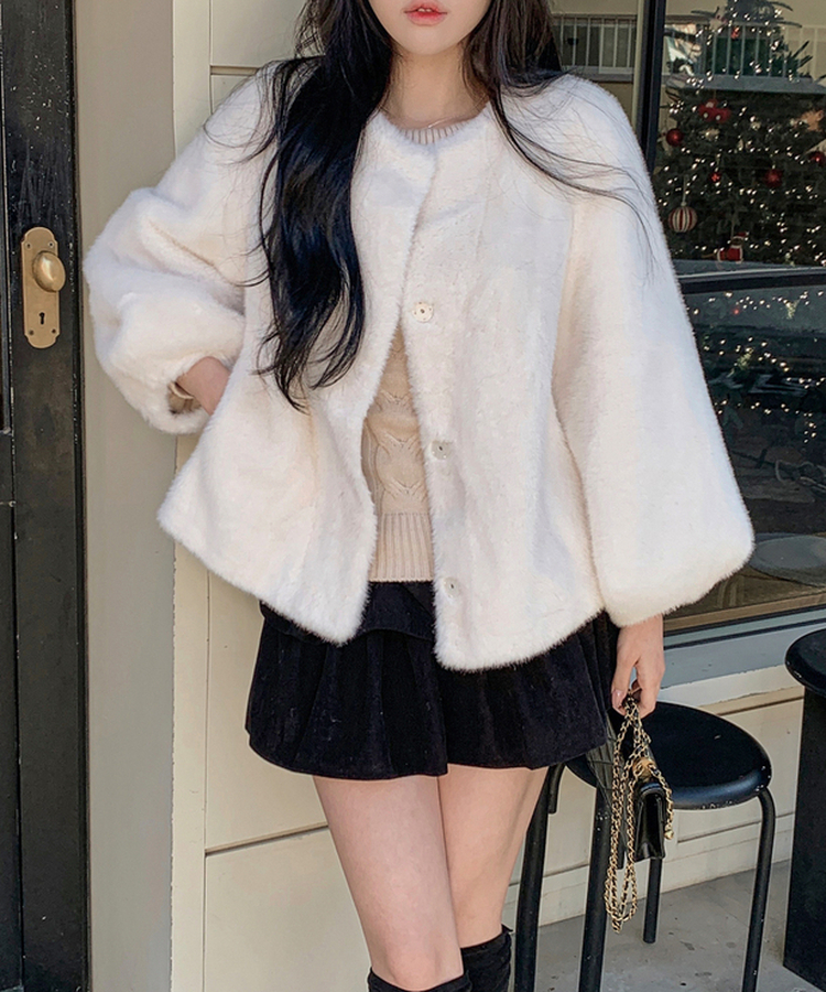 ノーカラースナップボタンミンクファージャケット IVORY