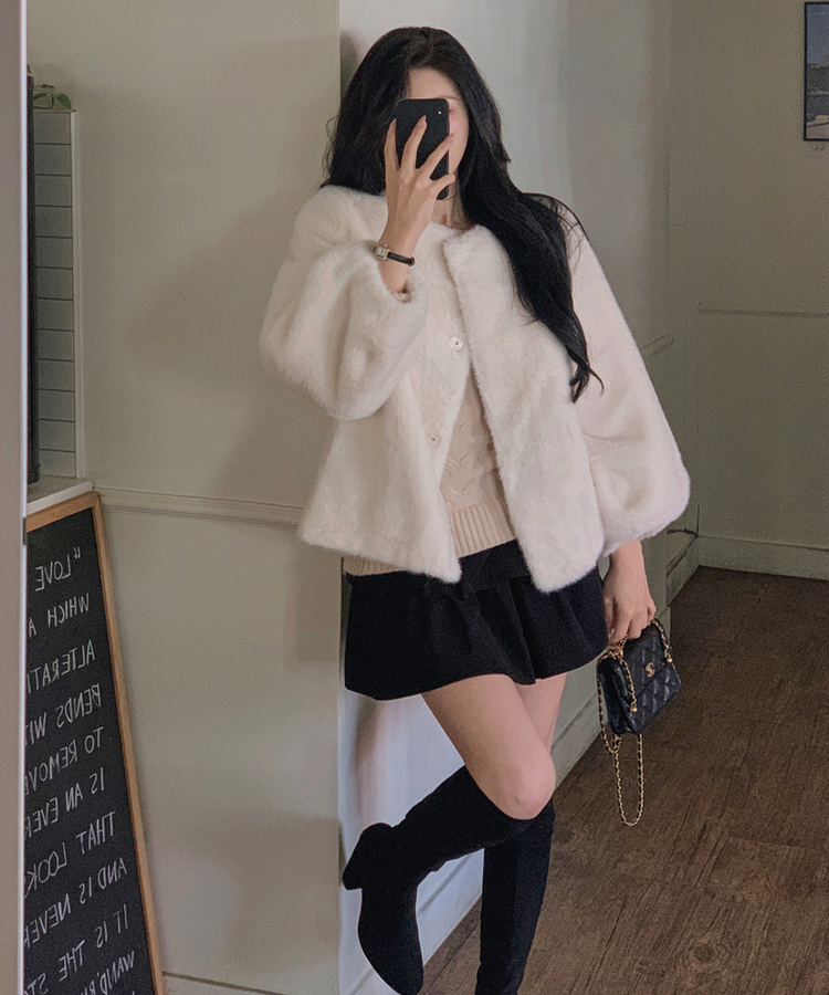 ノーカラースナップボタンミンクファージャケット IVORY