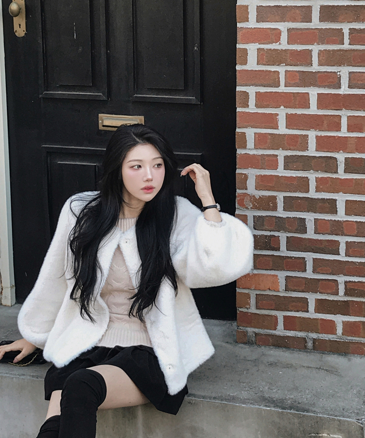 ノーカラースナップボタンミンクファージャケット IVORY