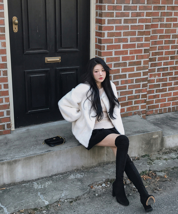 ノーカラースナップボタンミンクファージャケット IVORY