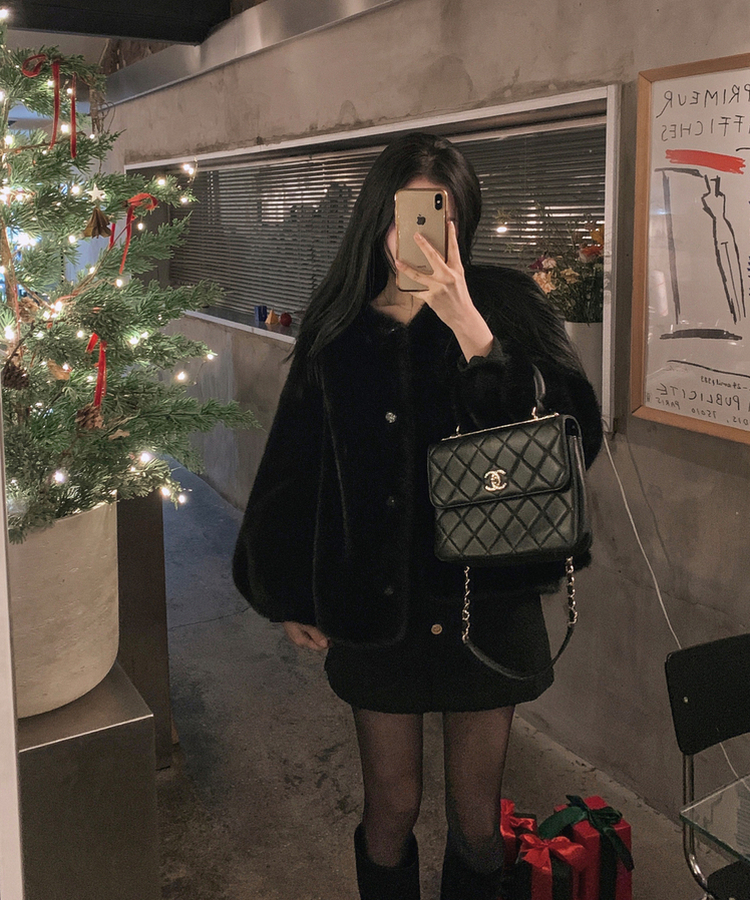 ノーカラースナップボタンミンクファージャケット BLACK