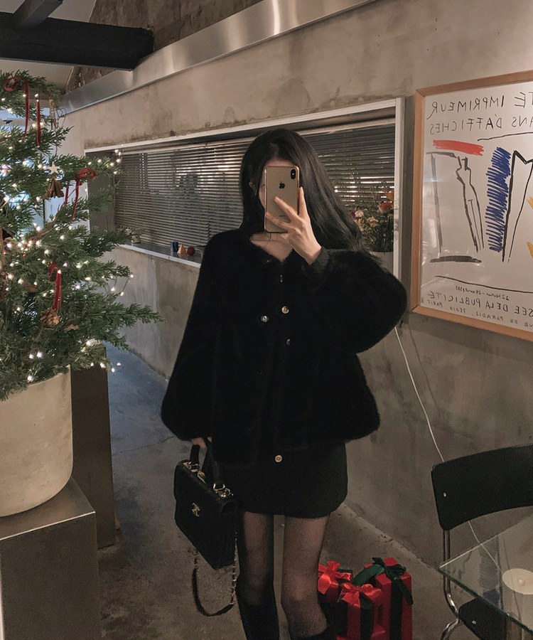 ノーカラースナップボタンミンクファージャケット BLACK