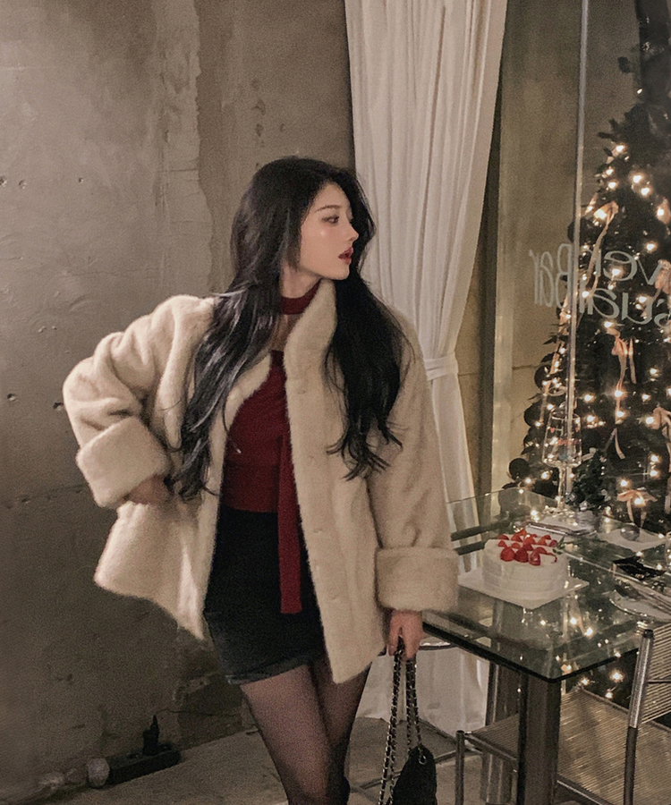 ハイネックキュービックバックルミンクファージャケット BEIGE