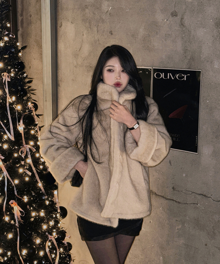 ハイネックキュービックバックルミンクファージャケット BEIGE
