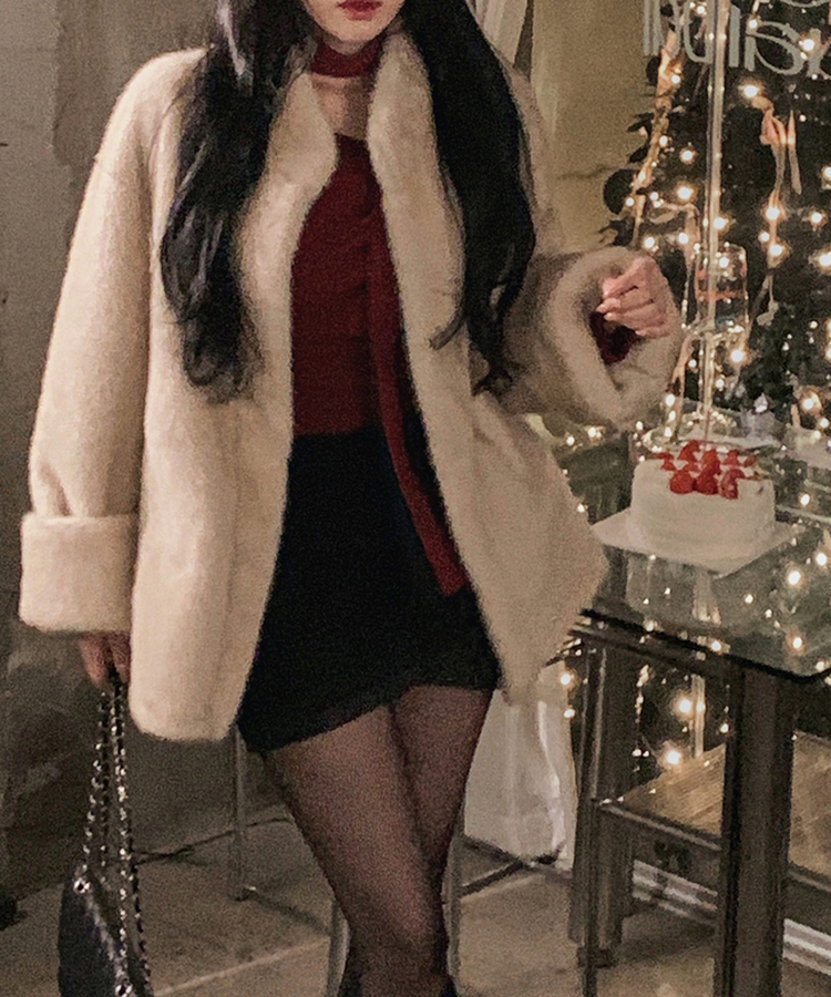 ハイネックキュービックバックルミンクファージャケット BEIGE