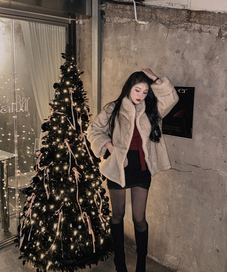 ハイネックキュービックバックルミンクファージャケット BEIGE