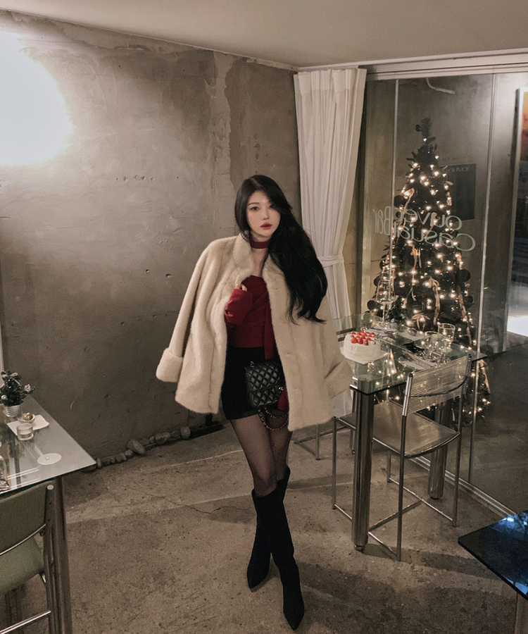 ハイネックキュービックバックルミンクファージャケット BEIGE