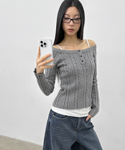 ケーブルヘンリーネックニット GREY