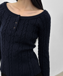 ケーブルヘンリーネックニット NAVY