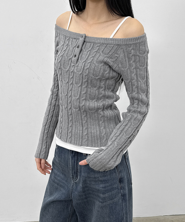 ケーブルヘンリーネックニット GREY