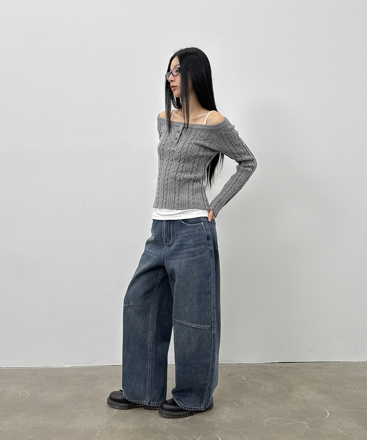 ケーブルヘンリーネックニット GREY