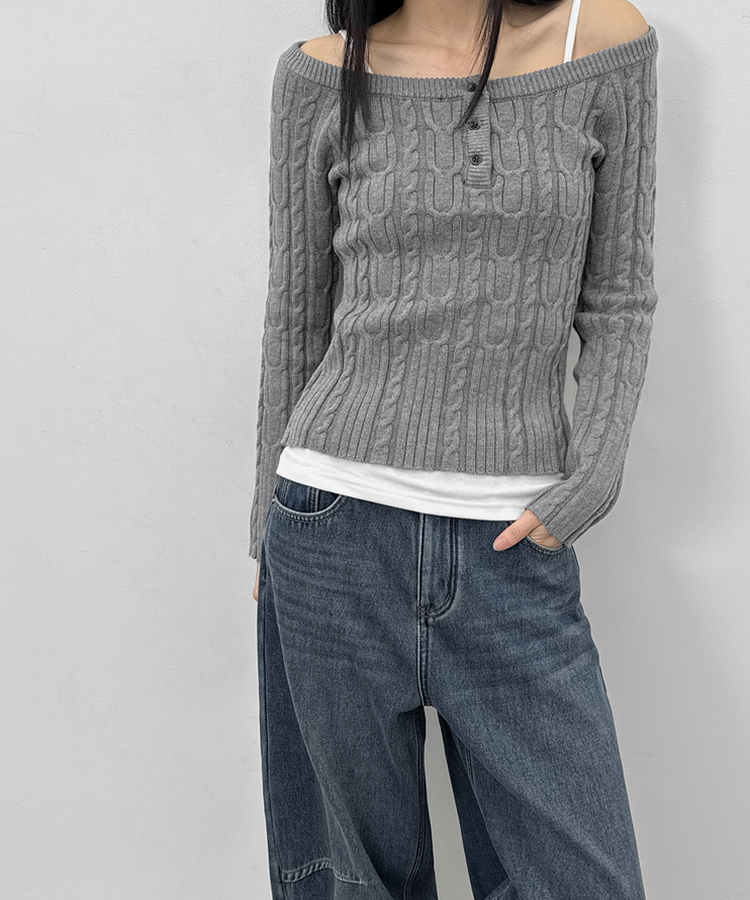 ケーブルヘンリーネックニット GREY