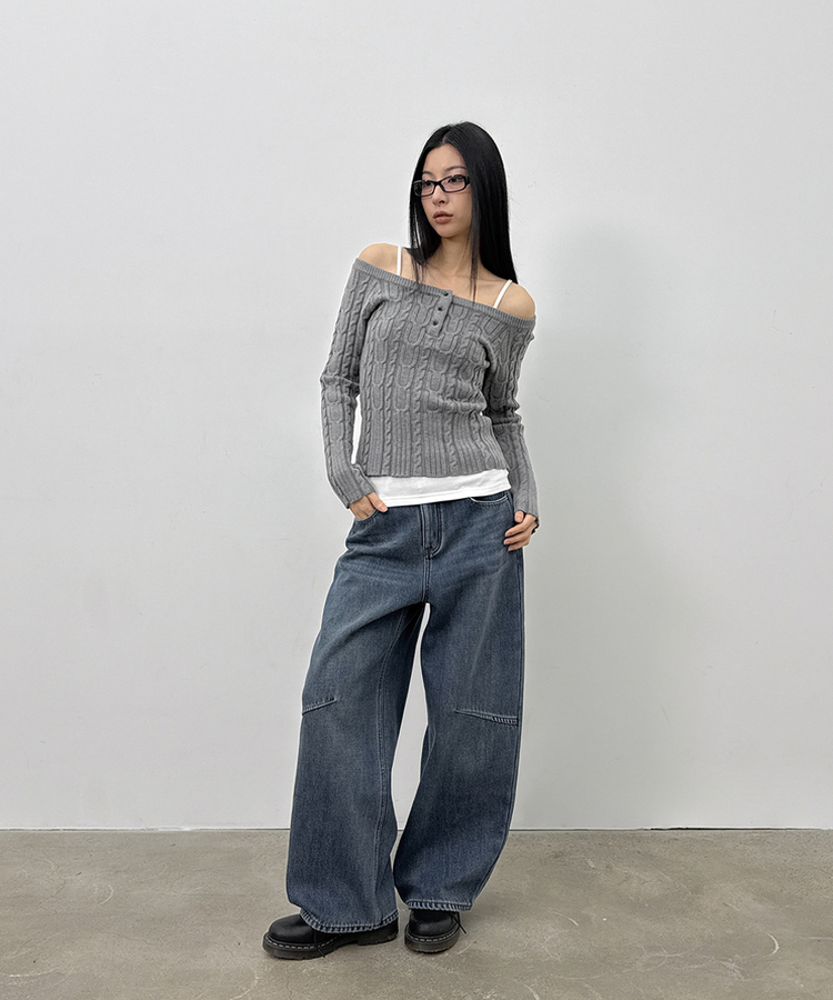 ケーブルヘンリーネックニット GREY