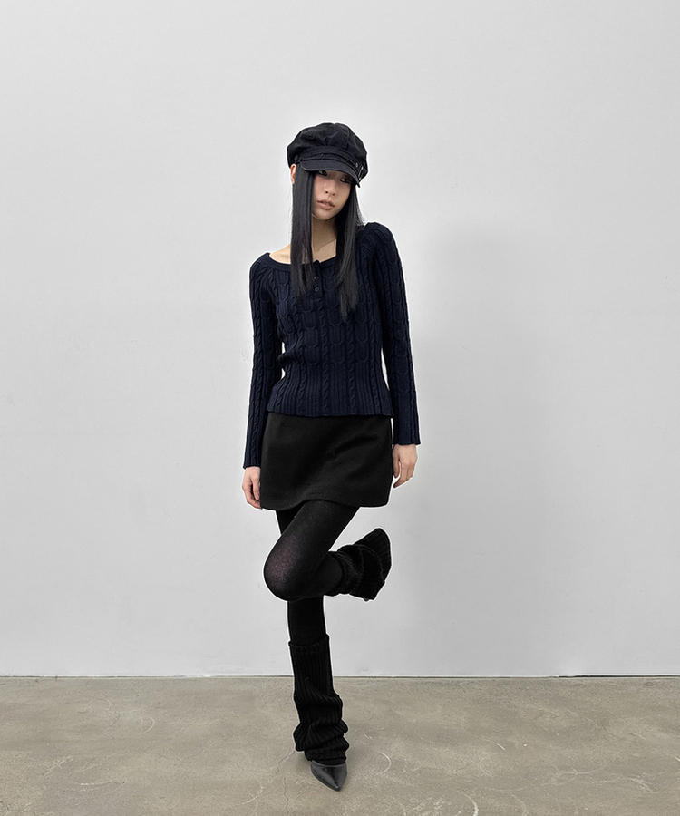 ケーブルヘンリーネックニット NAVY