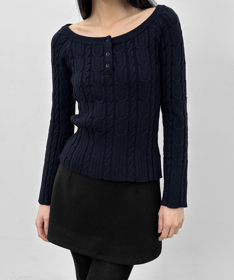 ケーブルヘンリーネックニット NAVY