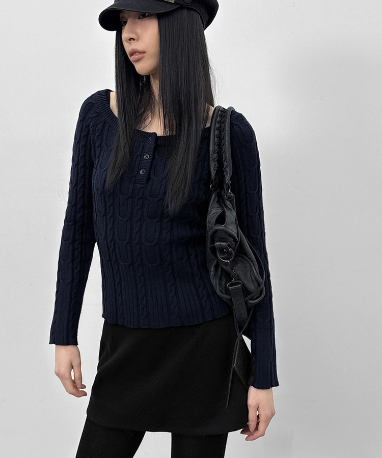 ケーブルヘンリーネックニット NAVY