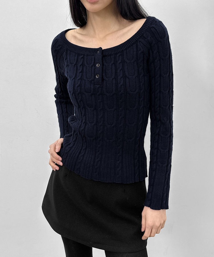 ケーブルヘンリーネックニット NAVY