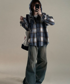 ビッグチェックポケットフードシャツ SKY BLUE