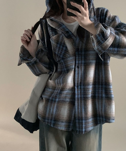 ビッグチェックポケットフードシャツ SKY BLUE