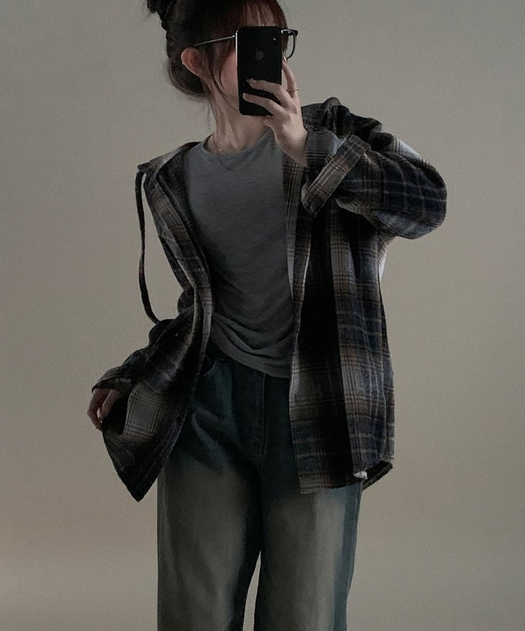 ビッグチェックポケットフードシャツ SKY BLUE