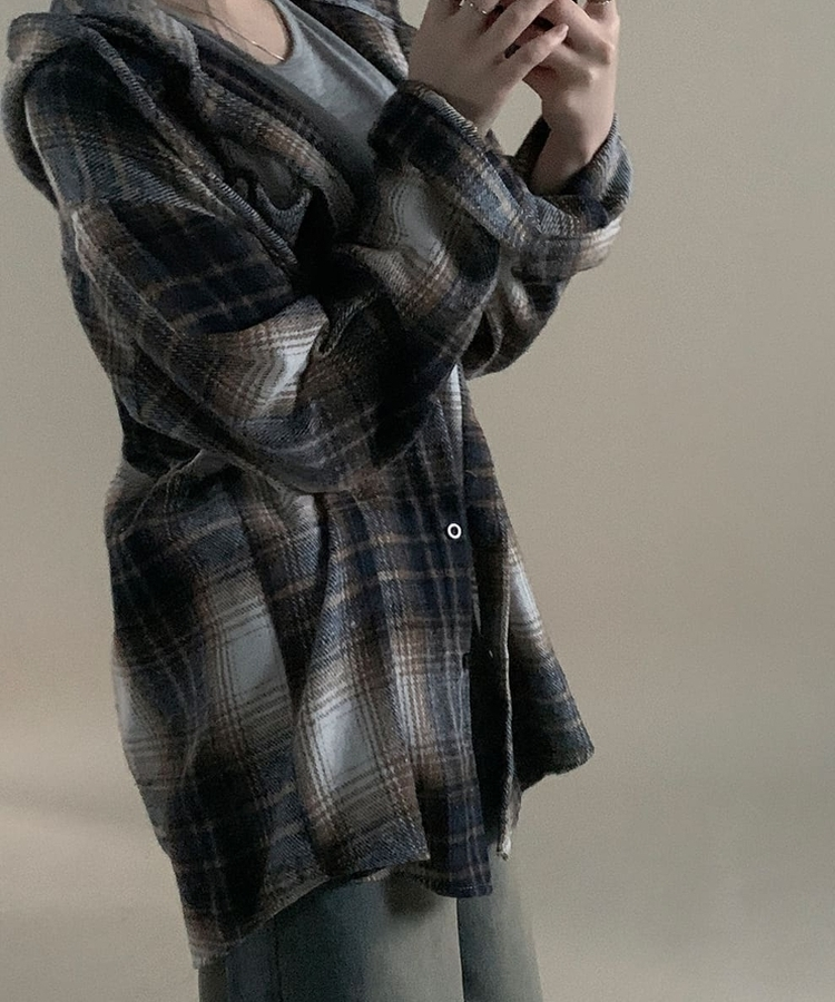 ビッグチェックポケットフードシャツ SKY BLUE