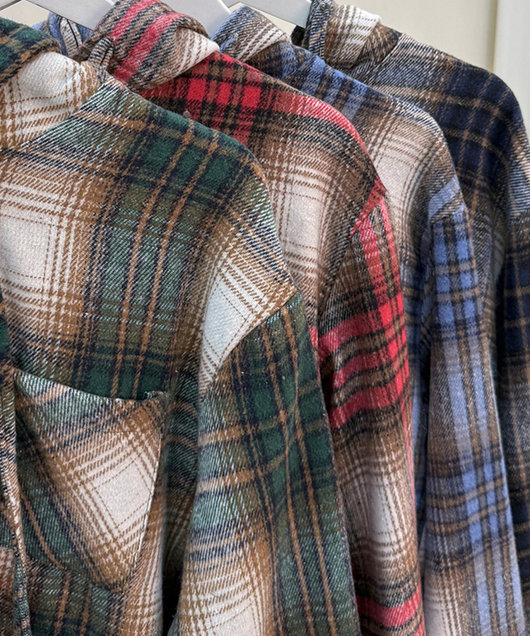 ビッグチェックポケットフードシャツ