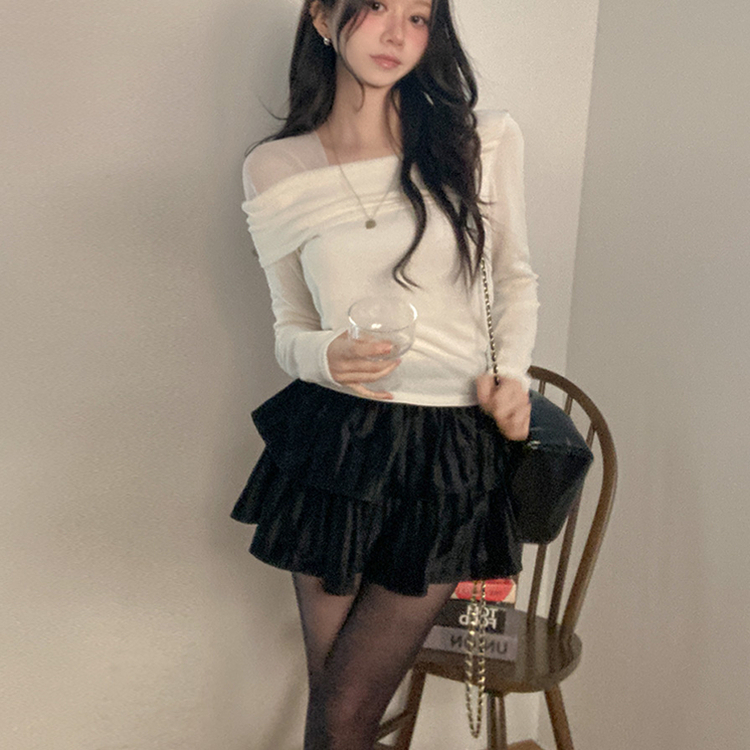 이루아 쉬폰 배색 언발 스퀘어넥 긴팔 티셔츠