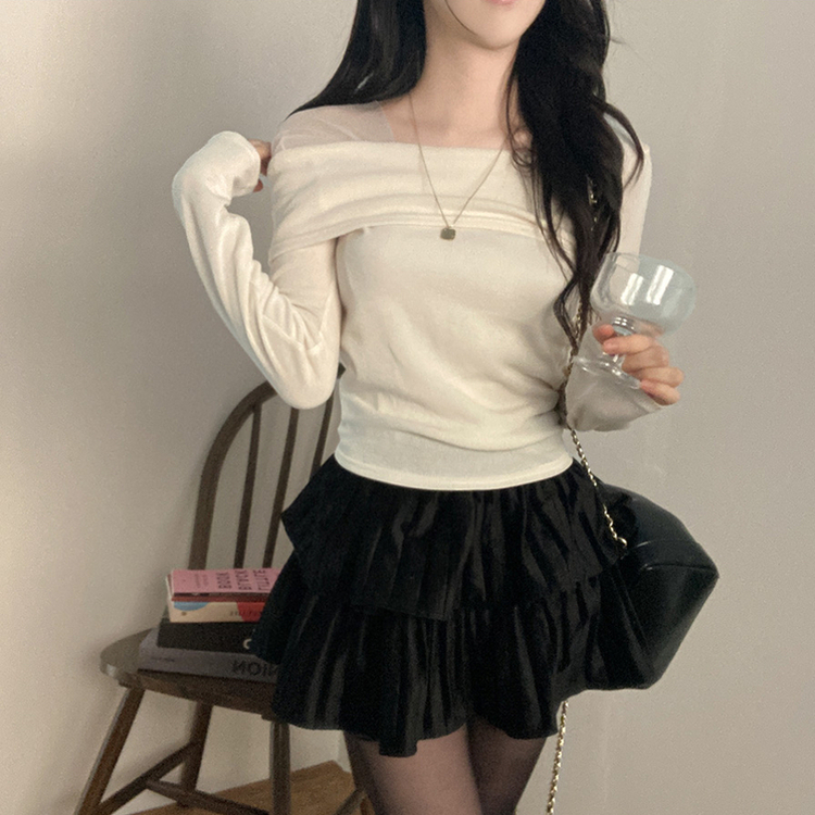 이루아 쉬폰 배색 언발 스퀘어넥 긴팔 티셔츠