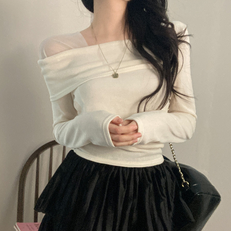 이루아 쉬폰 배색 언발 스퀘어넥 긴팔 티셔츠