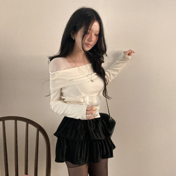 이루아 쉬폰 배색 언발 스퀘어넥 긴팔 티셔츠