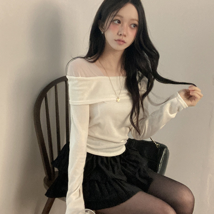 이루아 쉬폰 배색 언발 스퀘어넥 긴팔 티셔츠