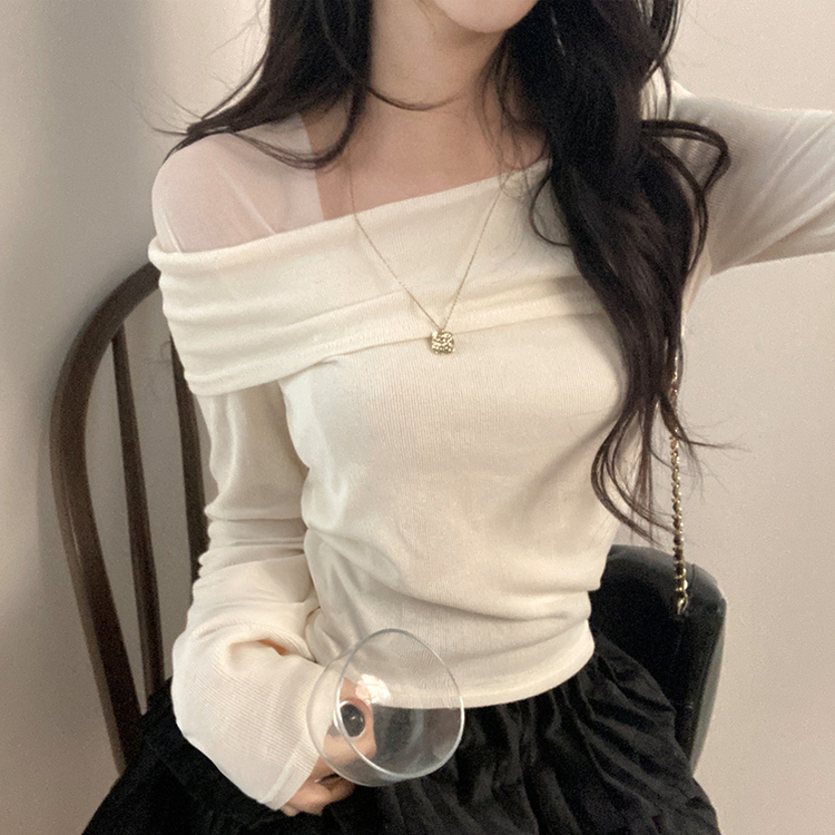 이루아 쉬폰 배색 언발 스퀘어넥 긴팔 티셔츠