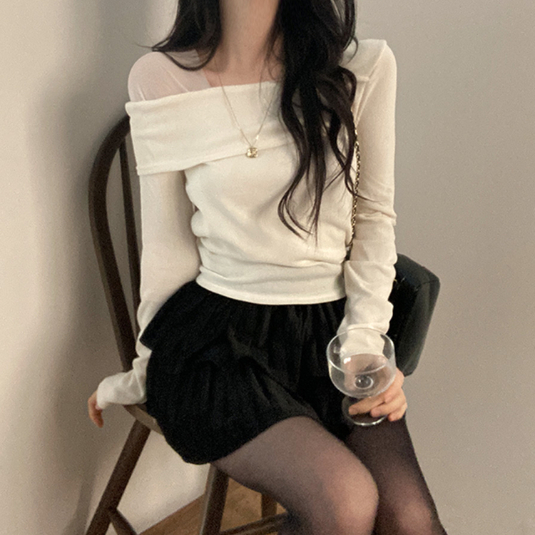 이루아 쉬폰 배색 언발 스퀘어넥 긴팔 티셔츠