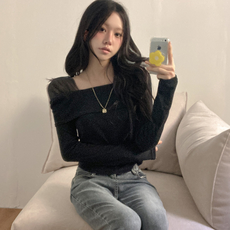 이루아 쉬폰 배색 언발 스퀘어넥 긴팔 티셔츠